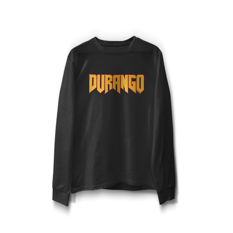 black long sleeve word print "Durango" in orange with red outline