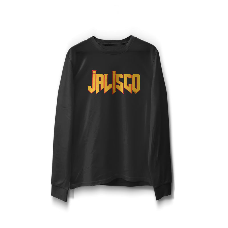 black long sleeve word print "Jalisco" in orange with red outline