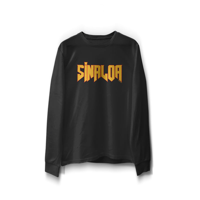 black long sleeve word print "Sinaloa" in orange with red outline